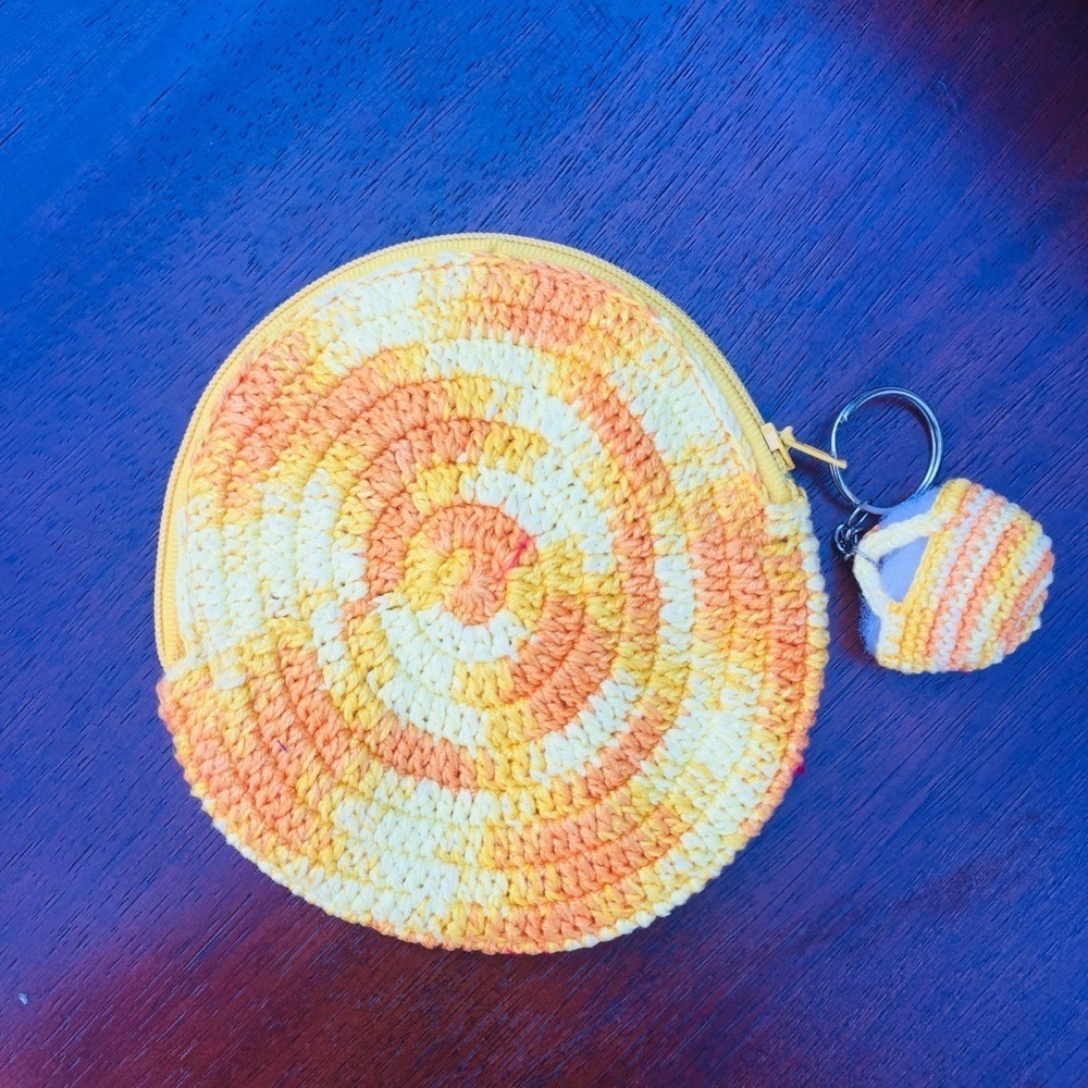 Handmade Crochet Coin Purse Orange Yellow Spiral Swirl Zip Pouch Boho Keychain
